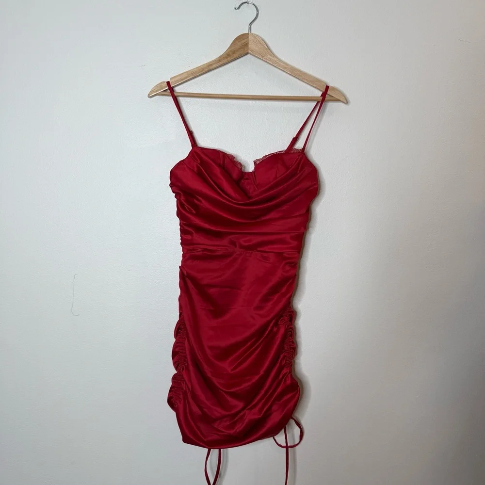 Oh Polly All For You Lace Trim Cowl Neck Satin Red Mini Dress holiday event - Picture 2 of 10